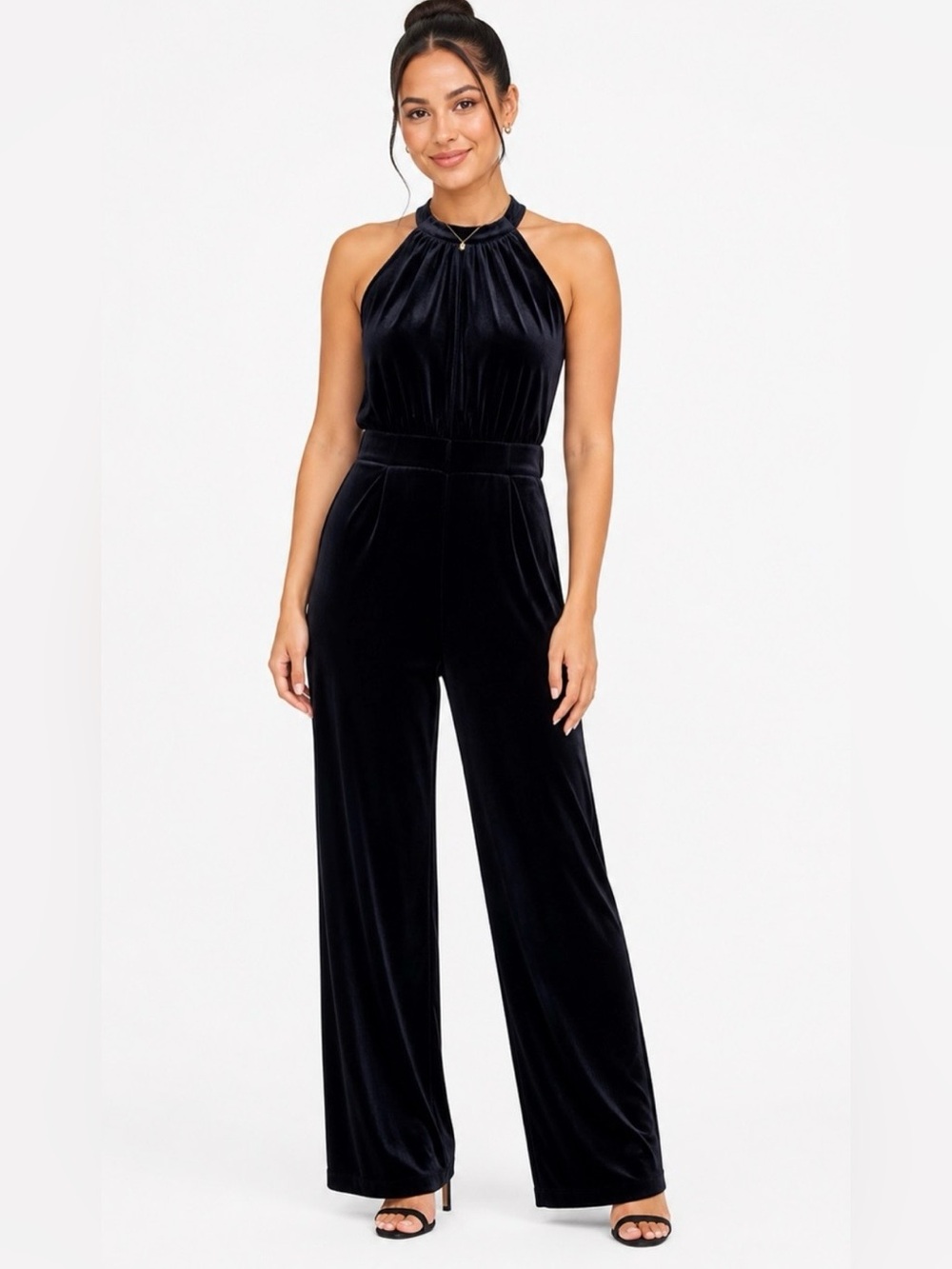 Women XXL Velvet Halter Neck Black Jumpsuit Wide Leg Sleeveless Formal Minimal